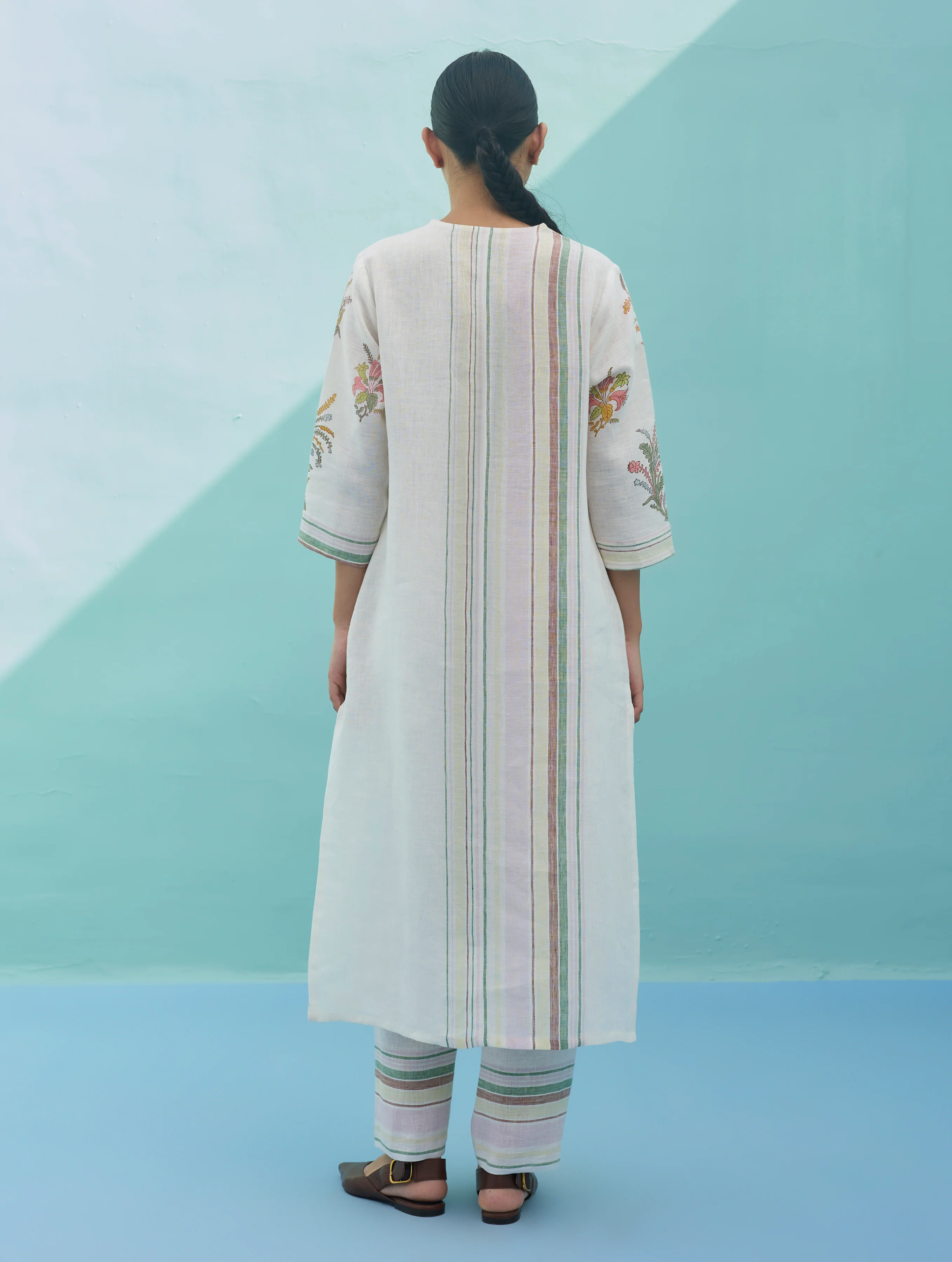 Zura Floral Block-Printed Embroidered Kurta Set - Ivory - Image 13