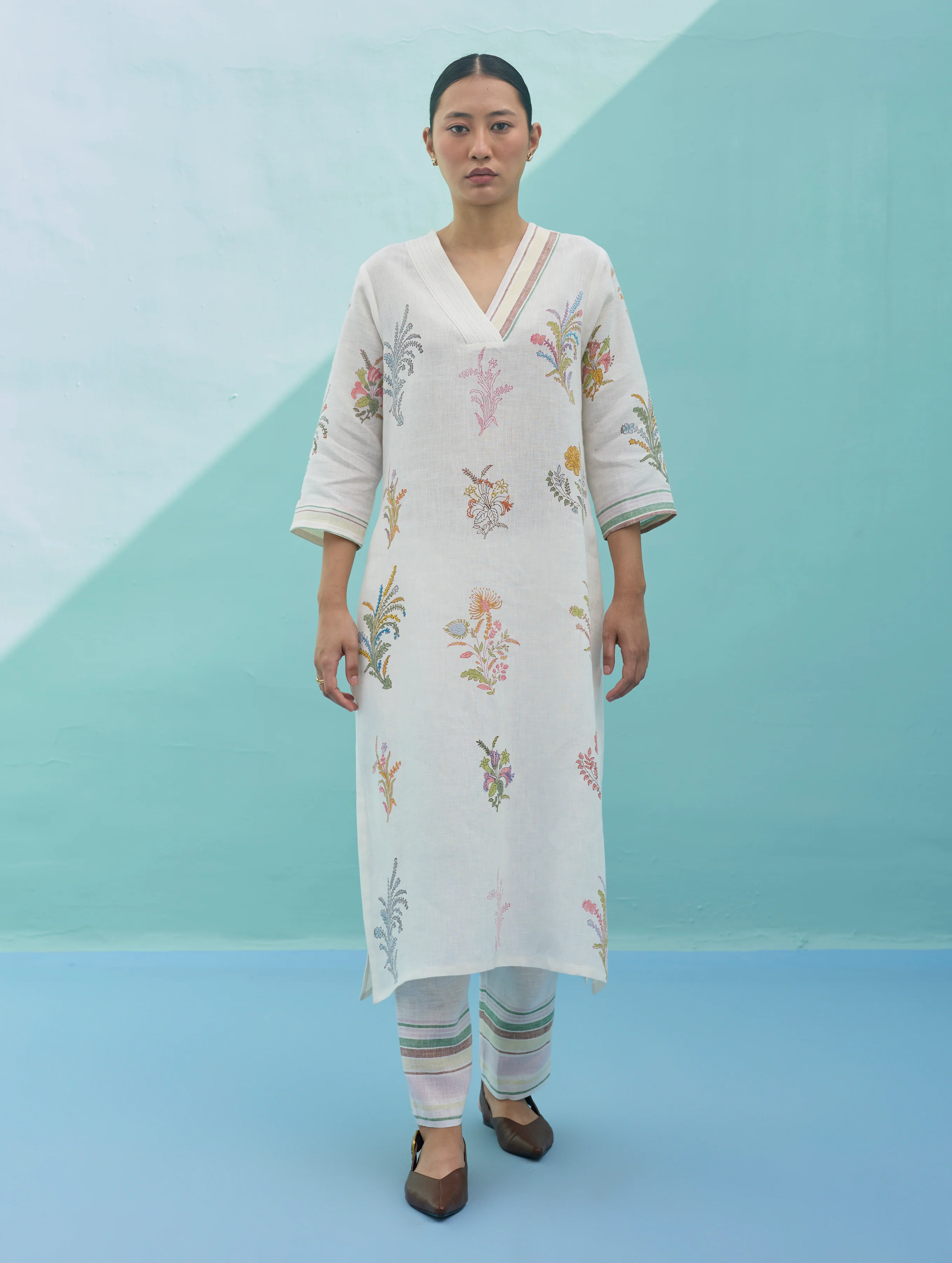 Zura Floral Block-Printed Embroidered Kurta Set - Ivory - Image 14