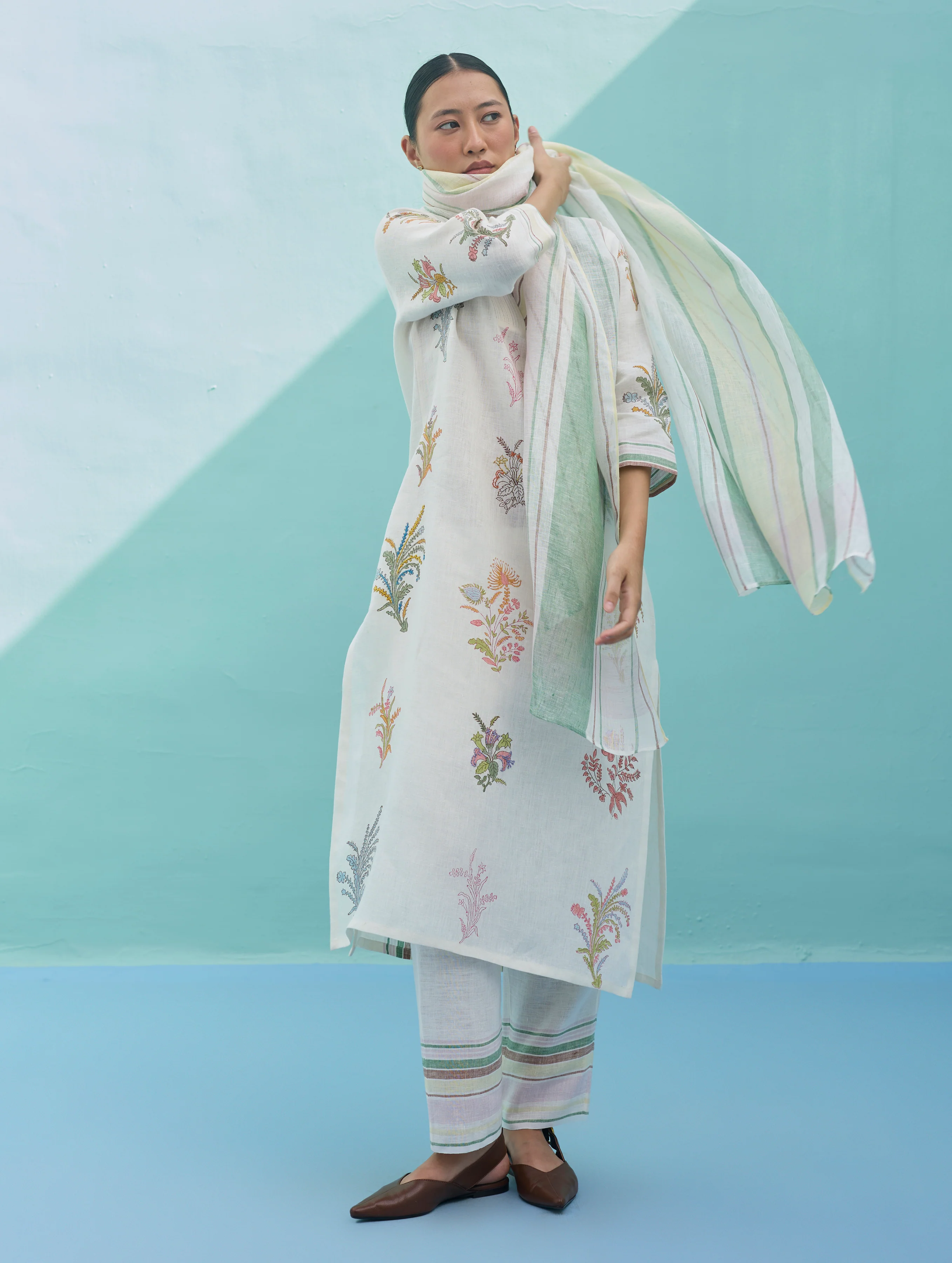 Zura Floral Block-Printed Embroidered Kurta Set - Ivory - Image 15