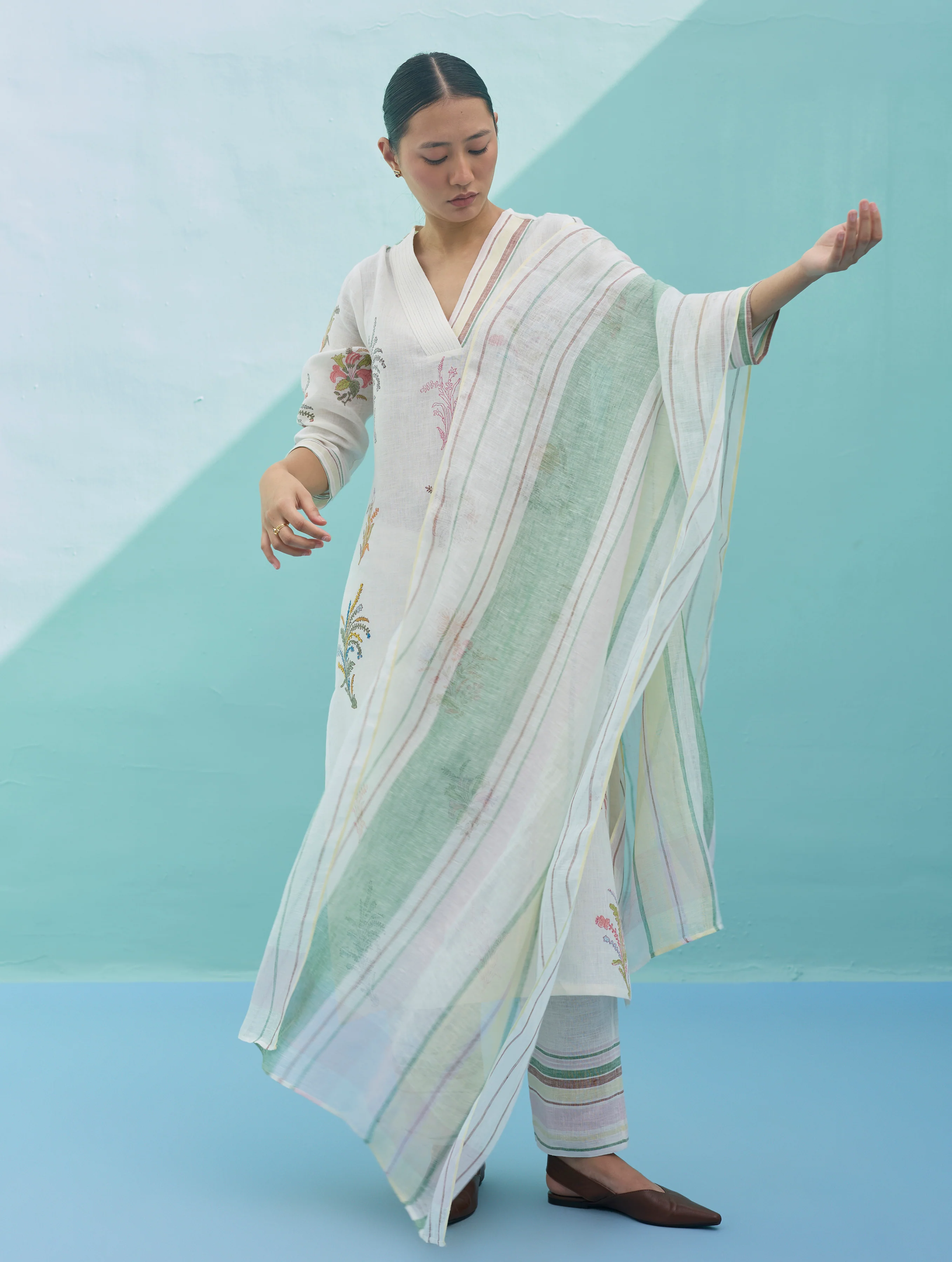 Zura Floral Block-Printed Embroidered Kurta Set - Ivory - Image 16