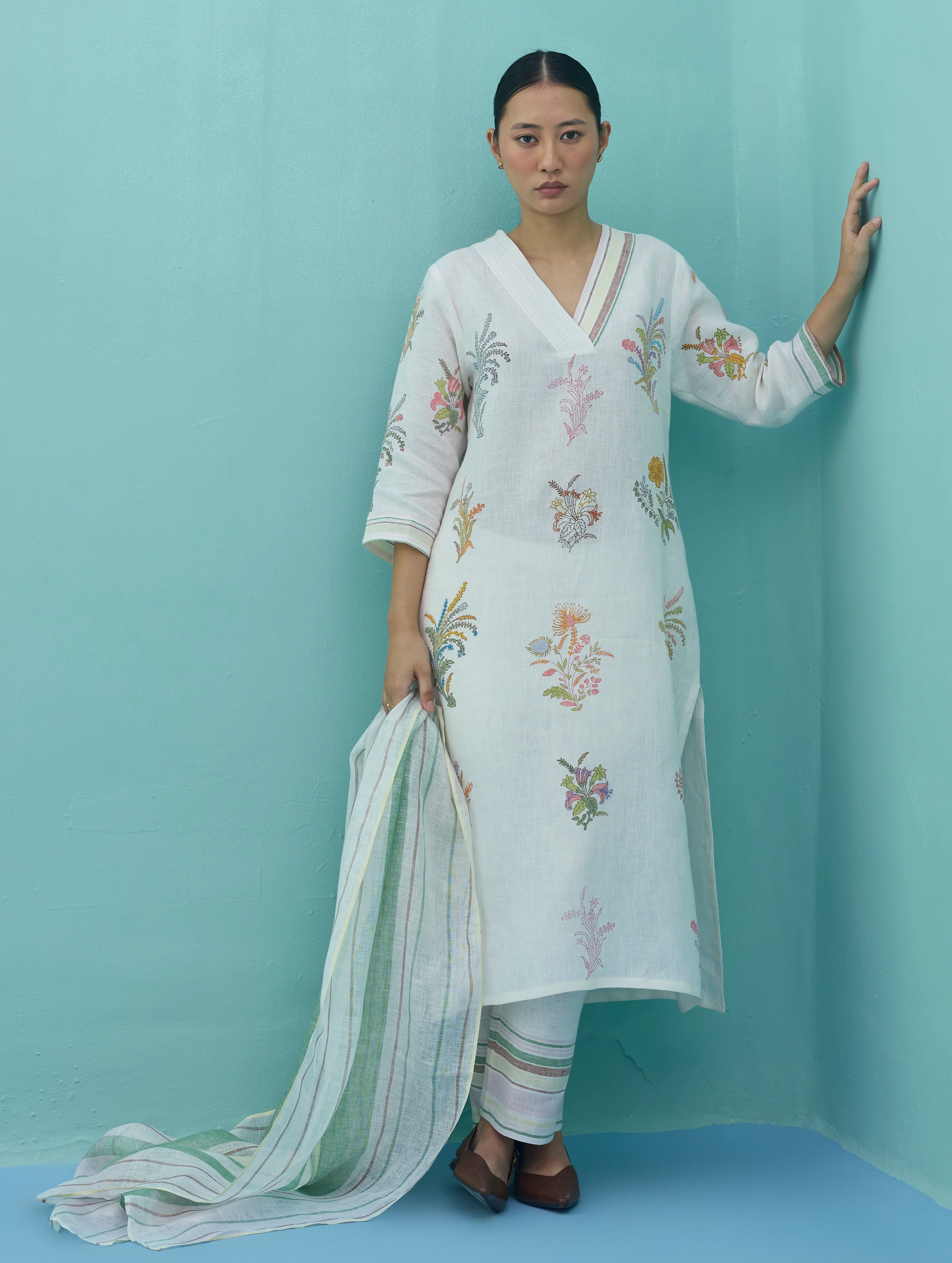 Zura Floral Block-Printed Embroidered Kurta Set - Ivory - Image 2