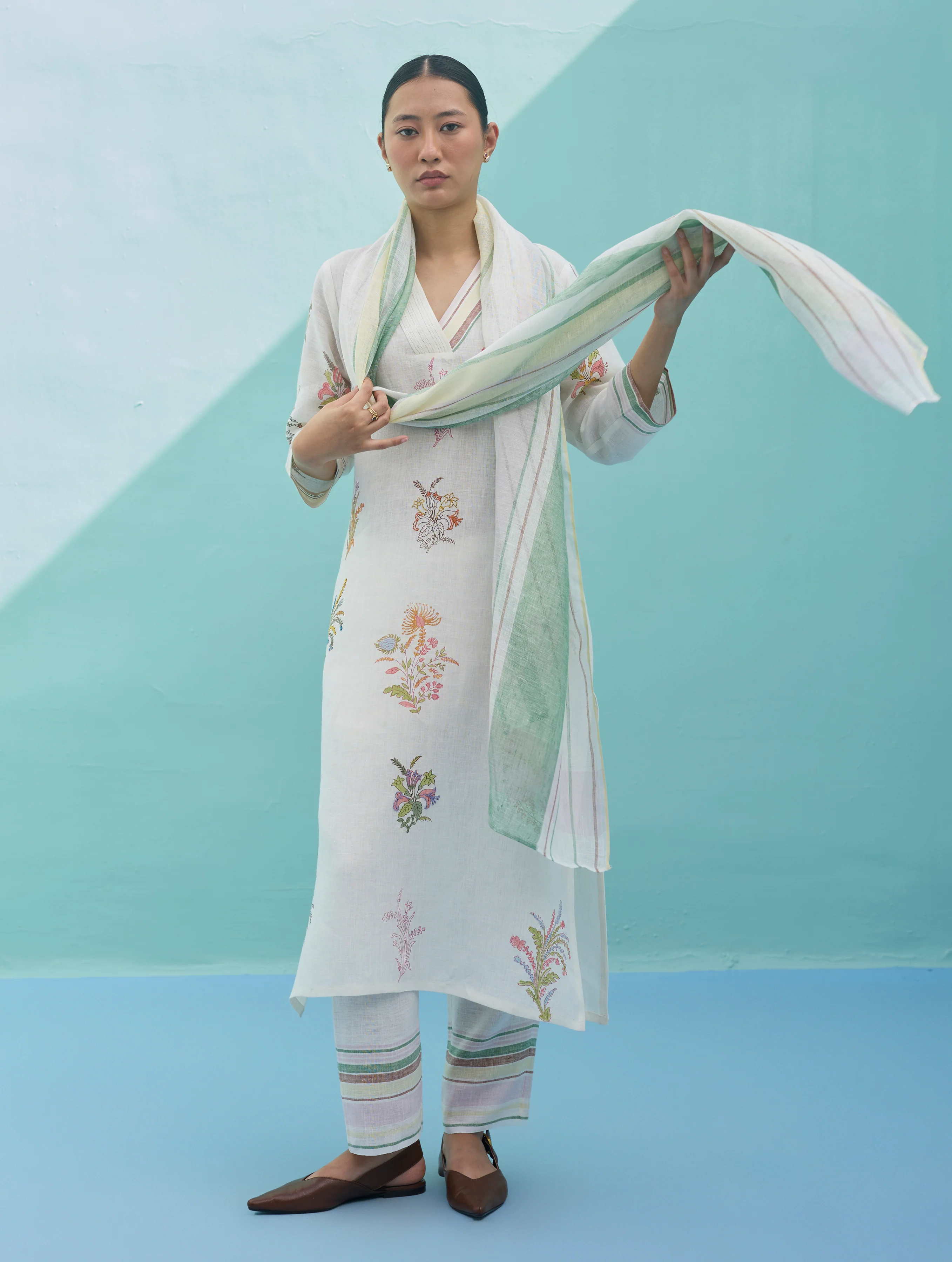Zura Floral Block-Printed Embroidered Kurta Set - Ivory - Image 5