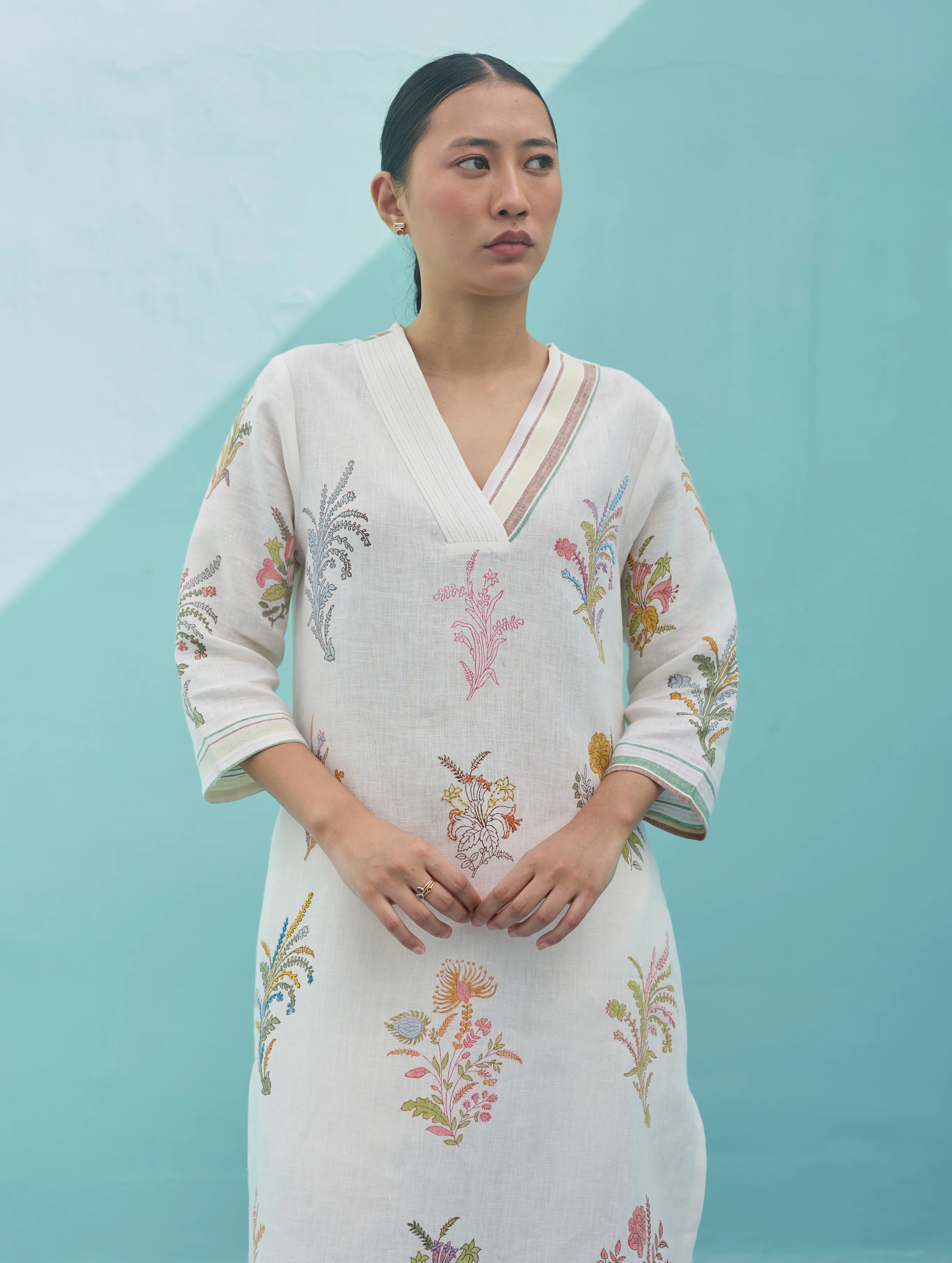 Zura Floral Block-Printed Embroidered Kurta Set - Ivory - Image 6