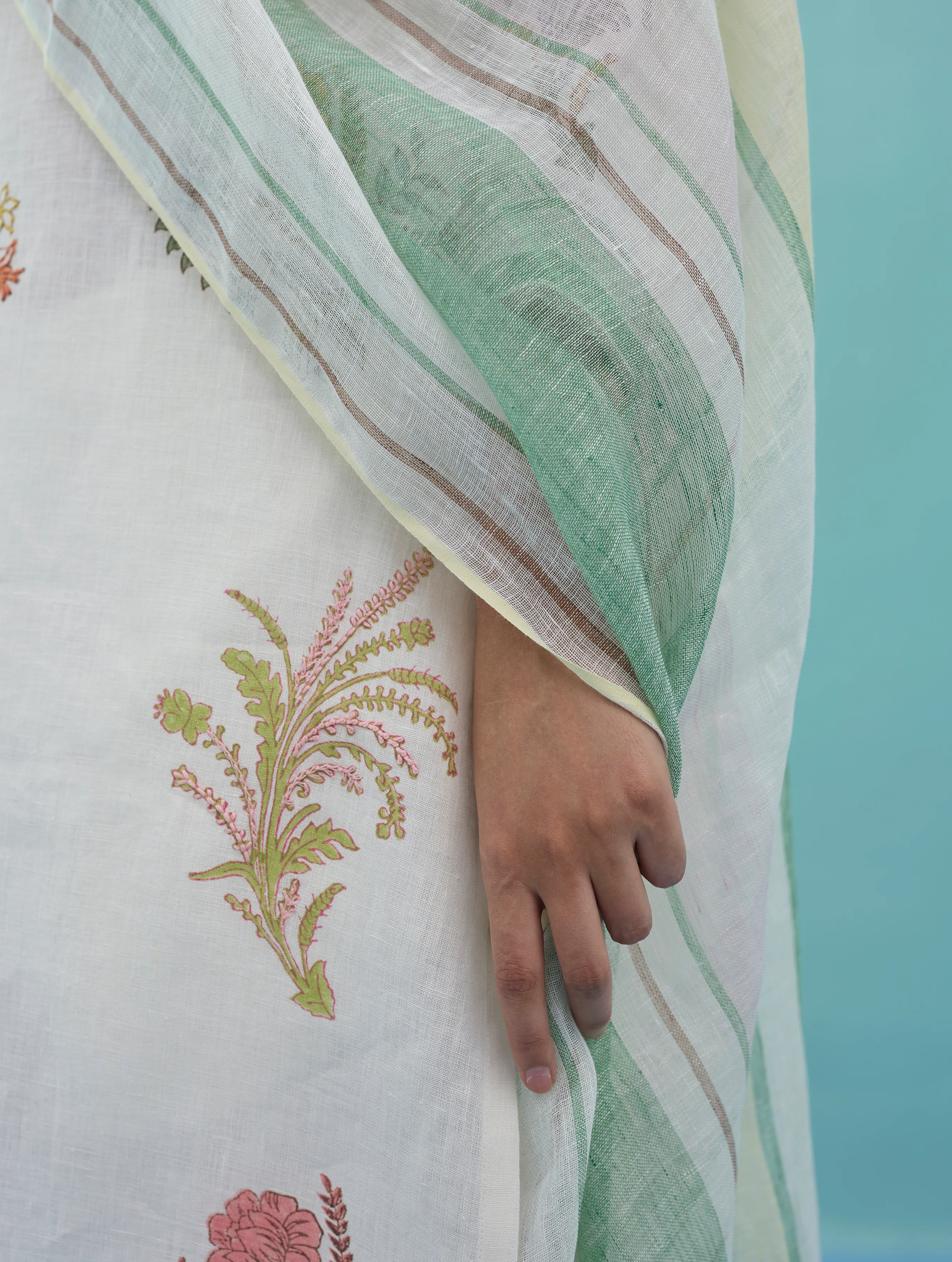 Zura Floral Block-Printed Embroidered Kurta Set - Ivory - Image 8