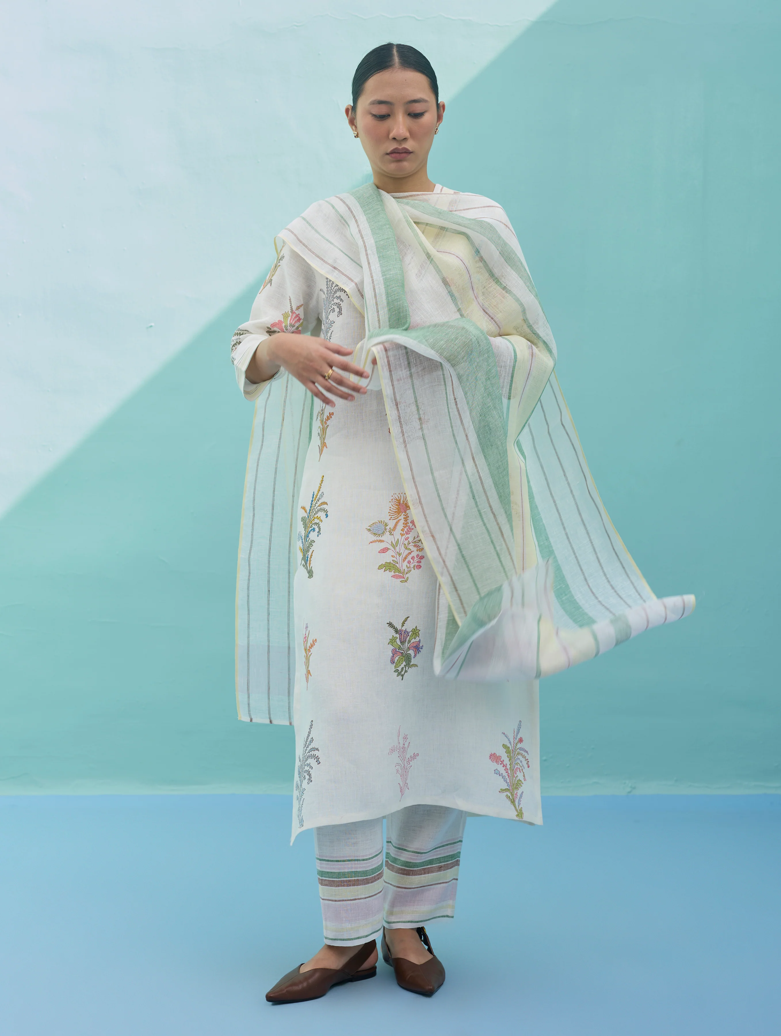 Zura Floral Block-Printed Embroidered Kurta Set - Ivory - Image 9